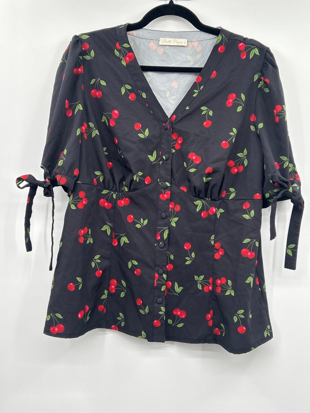 Belle Poque Cherry Print Rockabilly Pin-Up Retro Top XL Black Red Cottagecore